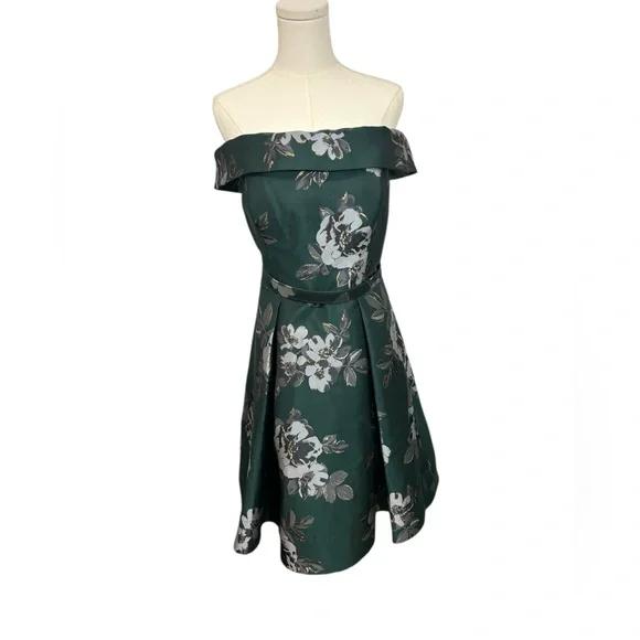 Eliza J Off the Shoulder Emerald Green Brocade Floral Belted Dress Sz 10 - Picture 7 of 16